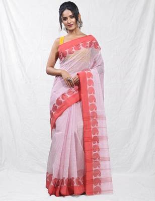 white and red cotton blend taant saree with woven designs 1