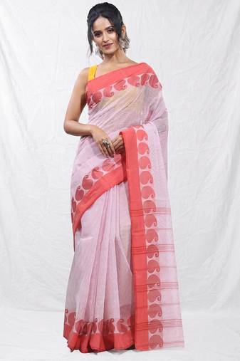 white and red cotton blend taant saree with woven designs