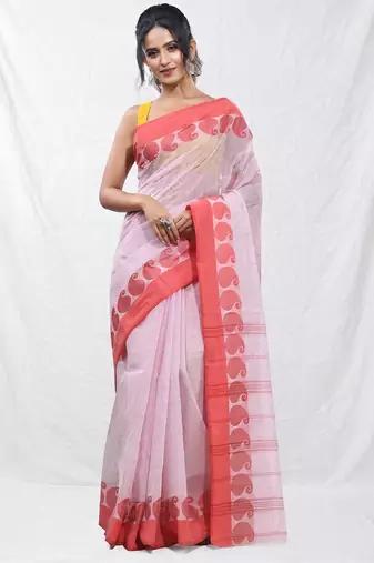 white and red cotton blend taant saree with woven designs