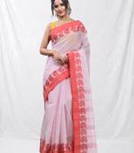 white and red cotton blend taant saree with woven designs