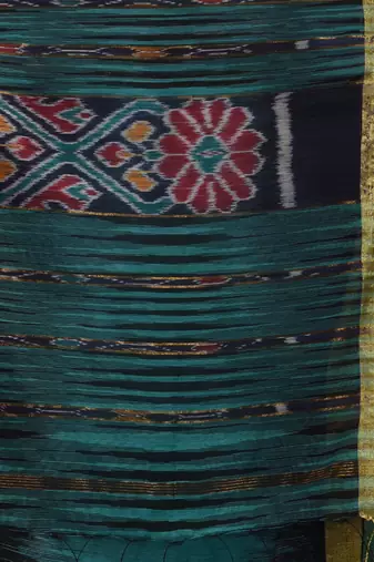 Teal blended cotton handwoven saree with ikkat design