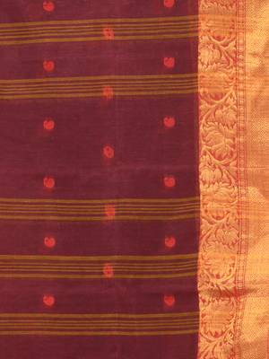 dark red cotton blend taant saree with zari border 4