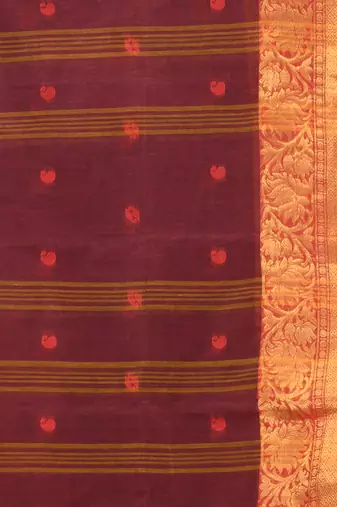 dark red cotton blend taant saree with zari border