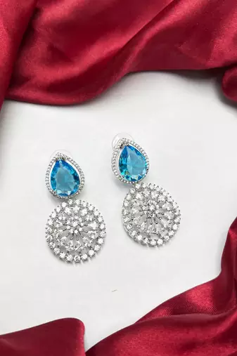 Blue Teardrop Crystal Statement Earrings, Sapphire CZ Dangle, Floral Drop Wedding Prom