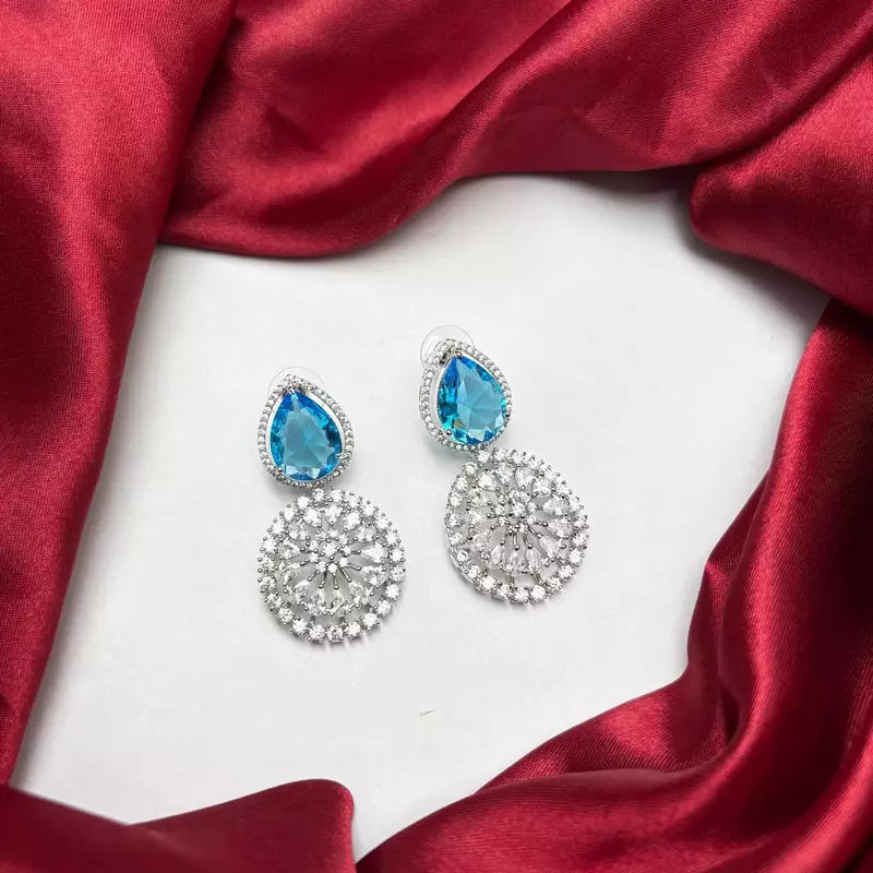 Blue Teardrop Crystal Statement Earrings, Sapphire CZ Dangle, Floral Drop Wedding Prom