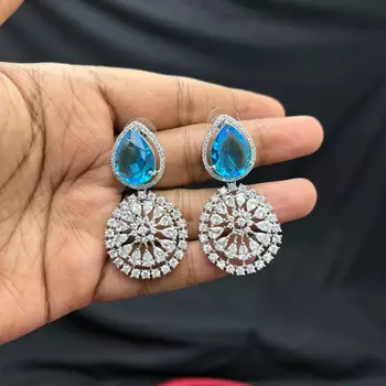 Blue Teardrop Crystal Statement Earrings, Sapphire CZ Dangle, Floral Drop Wedding Prom 4