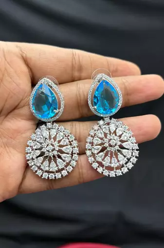 Blue Teardrop Crystal Statement Earrings, Sapphire CZ Dangle, Floral Drop Wedding Prom