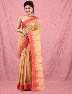 beige cotton blend taant saree with woven designs 1