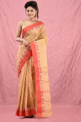 beige cotton blend taant saree with woven designs