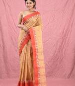 beige cotton blend taant saree with woven designs