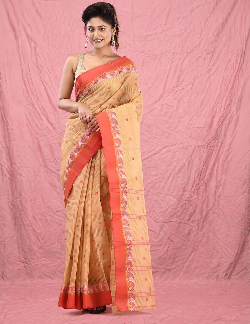 beige cotton blend taant saree with woven designs
