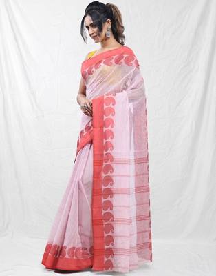white and red cotton blend taant saree with woven designs 2