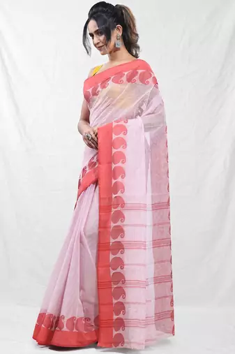 white and red cotton blend taant saree with woven designs