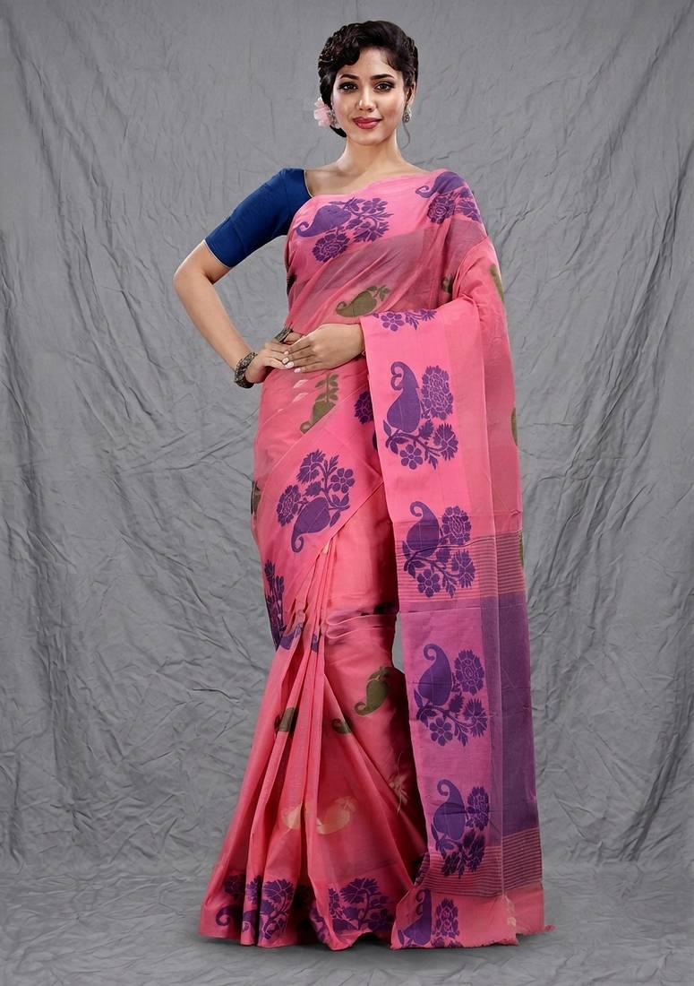 light pink cotton blend handwoven soft saree