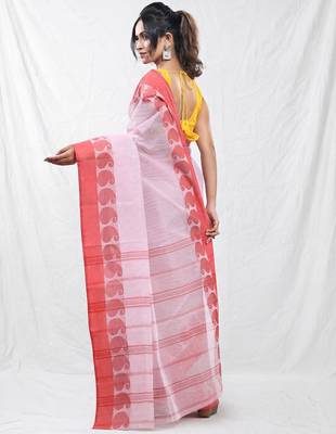 white and red cotton blend taant saree with woven designs 3