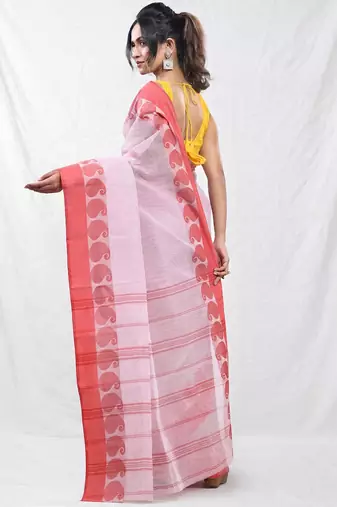 white and red cotton blend taant saree with woven designs