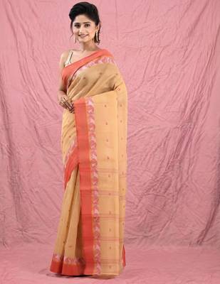 beige cotton blend taant saree with woven designs 2