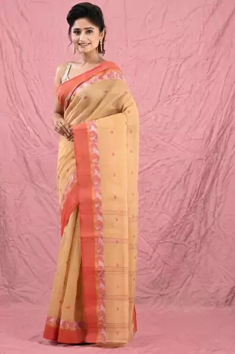 beige cotton blend taant saree with woven designs