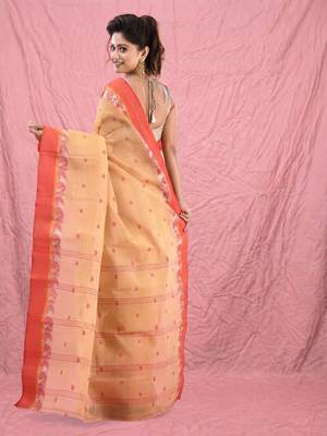 beige cotton blend taant saree with woven designs 3
