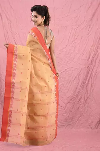 beige cotton blend taant saree with woven designs