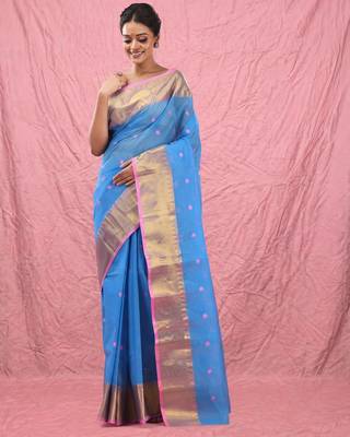 sky blue cotton blend taant saree with zari border 1