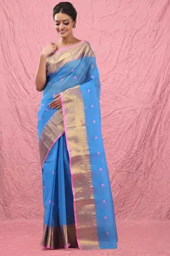 sky blue cotton blend taant saree with zari border
