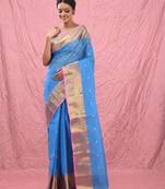 sky blue cotton blend taant saree with zari border