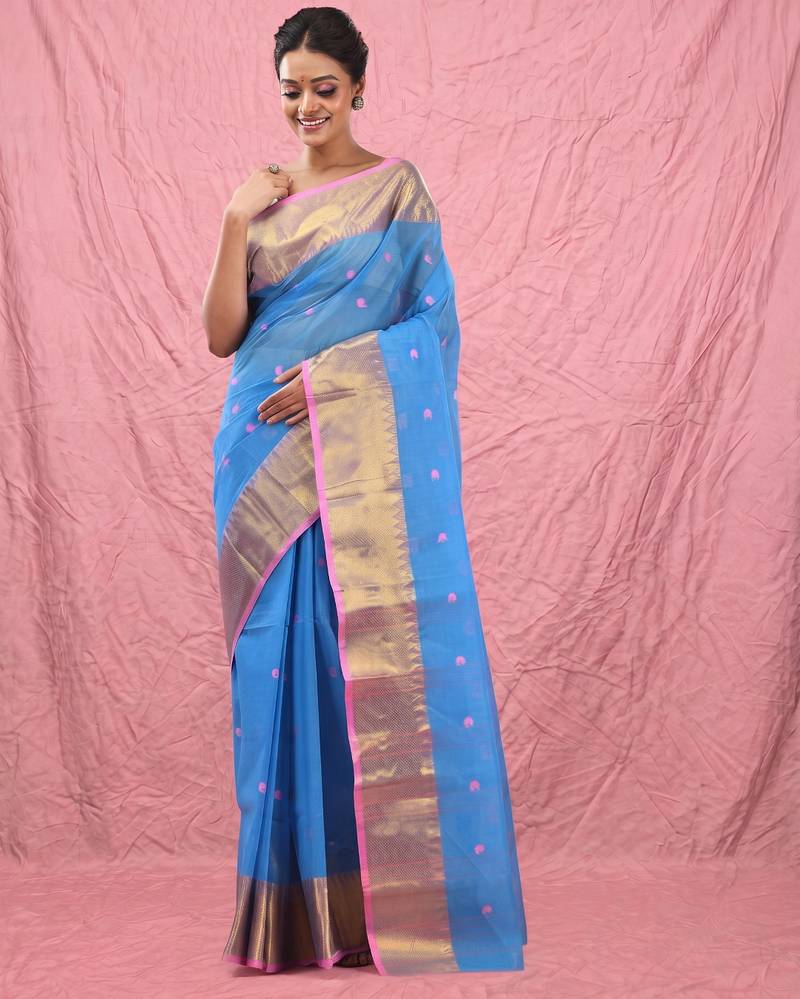 sky blue cotton blend taant saree with zari border