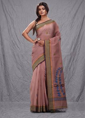 wine red handspun cotton blend soft saree with woven design 1