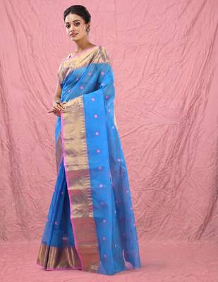 sky blue cotton blend taant saree with zari border 2