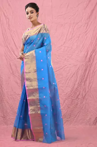 sky blue cotton blend taant saree with zari border