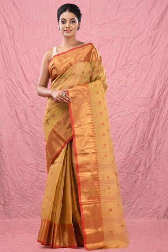 dark beige cotton blend taant saree with zari border