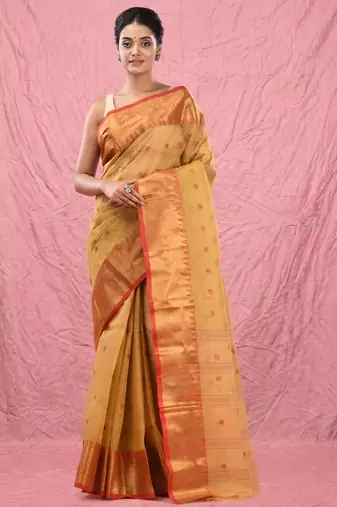dark beige cotton blend taant saree with zari border