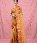 dark beige cotton blend taant saree with zari border