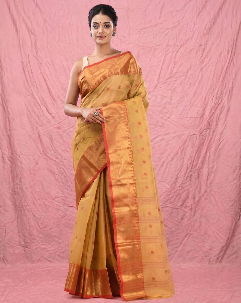 dark beige cotton blend taant saree with zari border