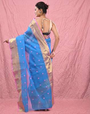 sky blue cotton blend taant saree with zari border 3