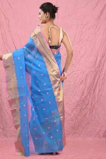sky blue cotton blend taant saree with zari border