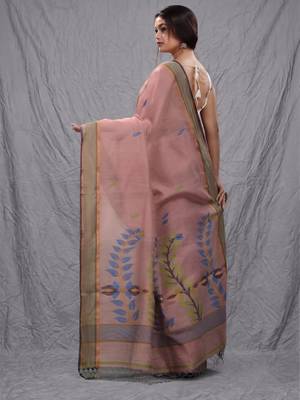 wine red handspun cotton blend soft saree with woven design 3