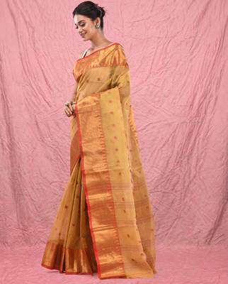 dark beige cotton blend taant saree with zari border 2