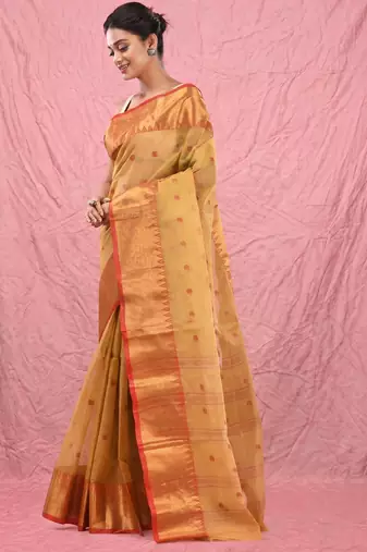 dark beige cotton blend taant saree with zari border