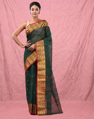 dark green cotton blend taant saree with zari border 1
