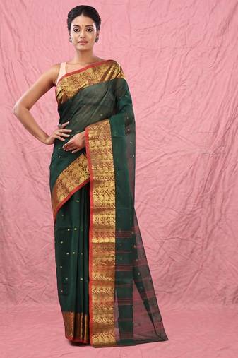 dark green cotton blend taant saree with zari border
