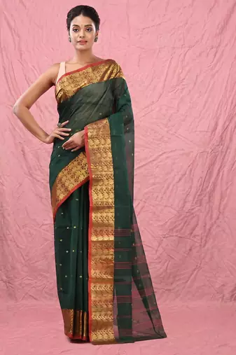 dark green cotton blend taant saree with zari border