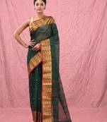dark green cotton blend taant saree with zari border