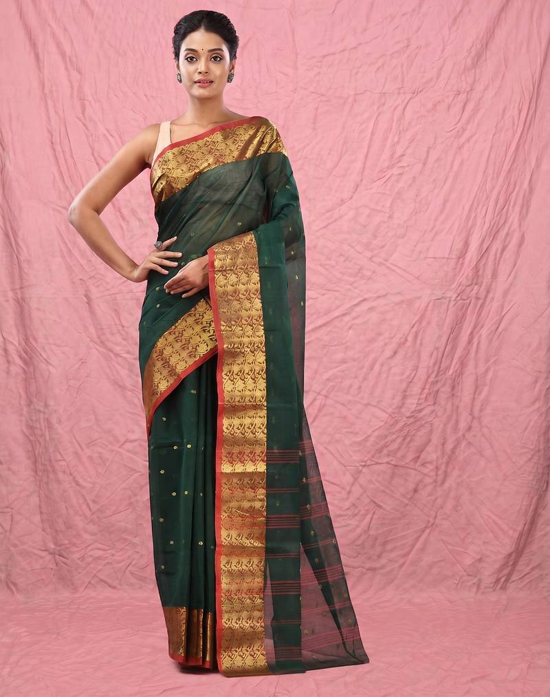 dark green cotton blend taant saree with zari border