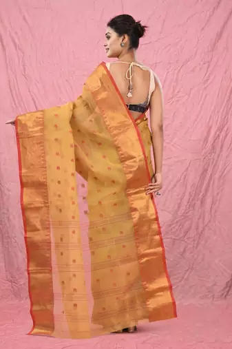 dark beige cotton blend taant saree with zari border