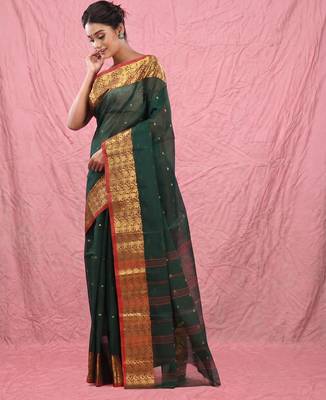 dark green cotton blend taant saree with zari border 2