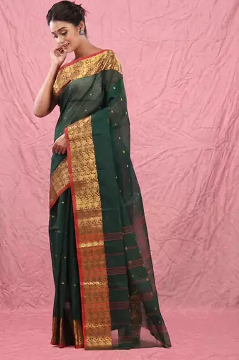 dark green cotton blend taant saree with zari border