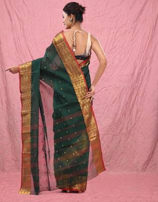 dark green cotton blend taant saree with zari border 3