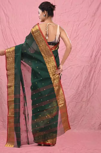 dark green cotton blend taant saree with zari border